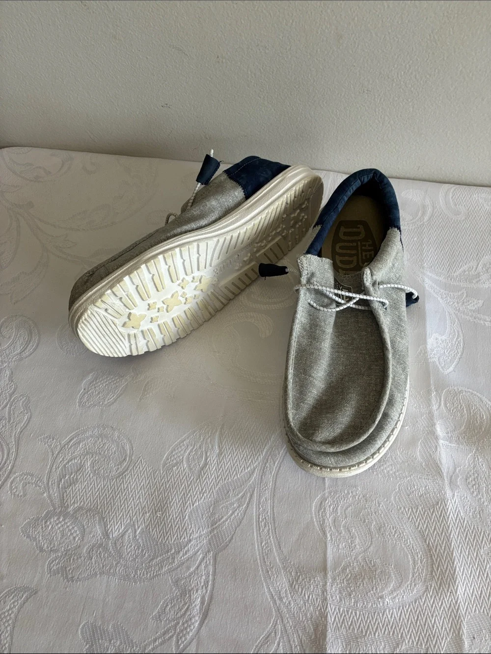 Hey Dude Men's or women’s Light Gray Canvas Slip-On Loafers with Navy Trim